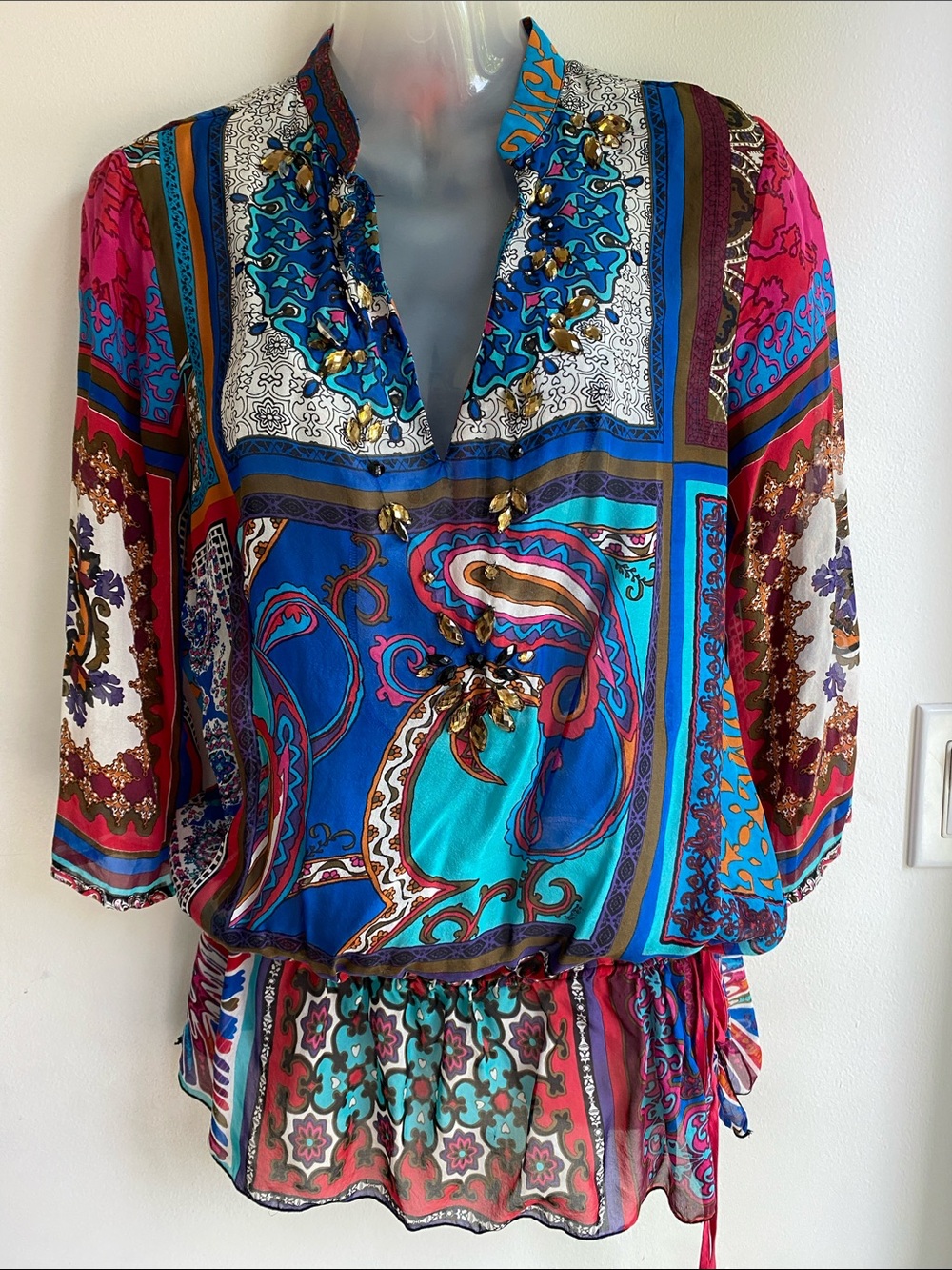 Hale Bob Cabana Silk Tunic Blouse Top Sewn -on Jewels Tie at Hip M